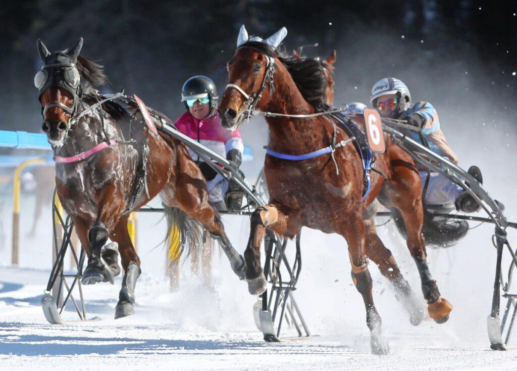 ST. MORITZ, 13FEB22 - Kiss Forever (l), gefahren von Walter Theiler, siegt vor Sonny Club (r) gefahren von Loris Ferro, im Trabrennen ‘GP Gammacatering’ am zweiten Renntag von White Turf St. Moritz am 13. Februar 2022 auf dem gefrorenen St. Moritzersee. Impression of the trotting race ‘GP Gammacatering’ at the White Turf St. Moritz taking place on the frozen lake of St. Moritz, Switzerland, February 13, 2022. Bild swiss-image.ch/Andy Mettler